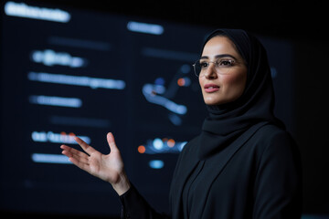 Arab businesswoman presenting financial data projection on interactive screen