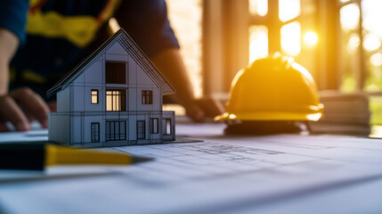 A blueprint of a spacious countryside home laid out under bright lighting, with a scale model representing its final look and a yellow construction helmet signaling the next phase