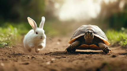 A determined turtle dashes across a dirt path, its strong legs propelling it forward while a fluffy white rabbit clings to its shell, ears flapping in the wind.