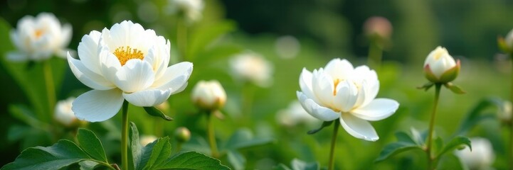Fototapeta premium White peonies blooming in a lush garden amidst greenery, white flowers, flowers arrangement