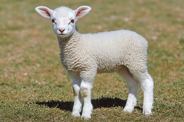 Naklejka premium Cute lamb standing in grassy field