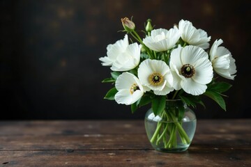 White poppy centerpieces on a dark wooden table, poppies, white, natural