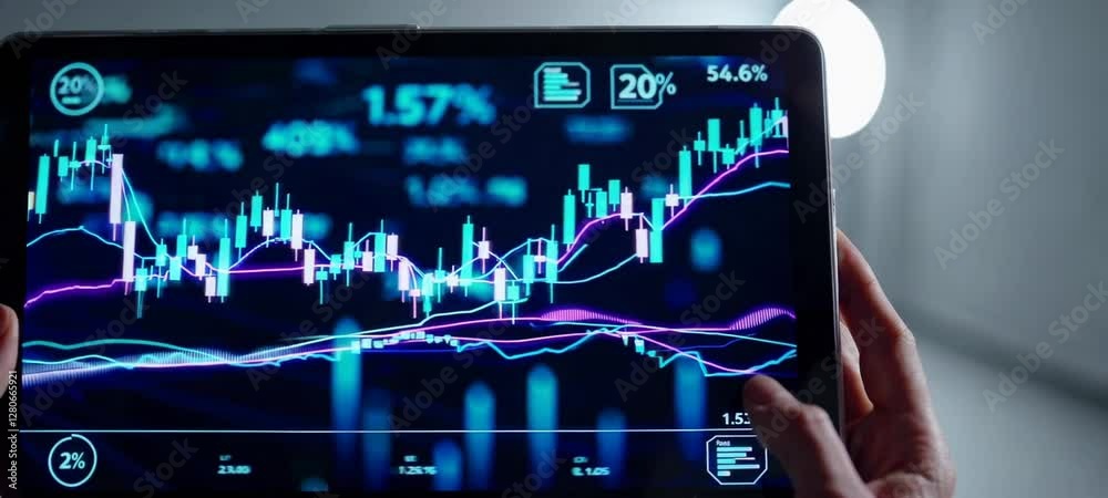 Poster analyzing financial data on a digital tablet with interactive graphs and indicators