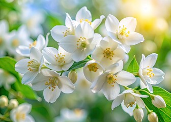 Obraz premium Close-up of pristine white jasmine flowers in a minimalist summer garden. Breathtaking floral image.