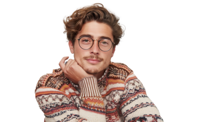 A Man with Glasses and a Sweater Posed on Transparent Background, PNG