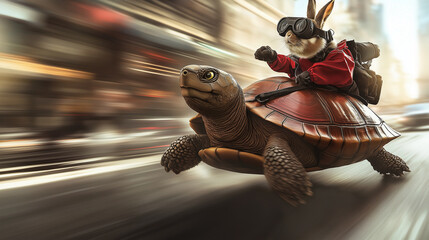 A supercharged racing turtle with motion blur streaks behind it speeds along a smooth city street, a rabbit wearing goggles perched on its back, ready for adventure.