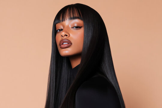 Fashion model posing with long black hair and bangs