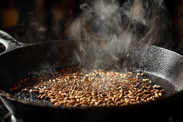 Aromatic seeds are being roasted in a cast iron pan, releasing flavorful steam, enhancing culinary experiences, and showcasing the art of traditional cooking techniques in a kitchen setting