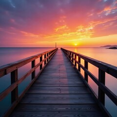 Obraz premium Wooden bridge stretching over calm waters at sunset, bridge, sunset, sky