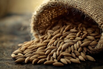 A close-up of aromatic cumin seeds spilling from a rustic burlap bag, highlighting natural texture and spice, evoking flavors and culinary traditions, culinary essence.