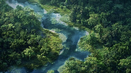 Lush Green Forest with Meandering River Flowing Through Rich Tropical Landscape and Dense Vegetation