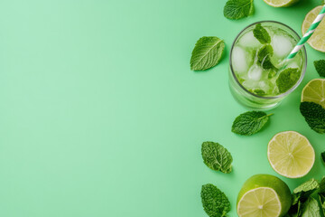Refreshing mojito cocktail with lime, mint and ice on green background