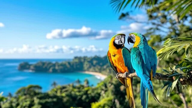 Two vibrant macaws sit on a branch, enjoying the stunning view of a tropical beach with turquoise waters and lush greenery under a bright blue sky, showcasing nature's beauty.