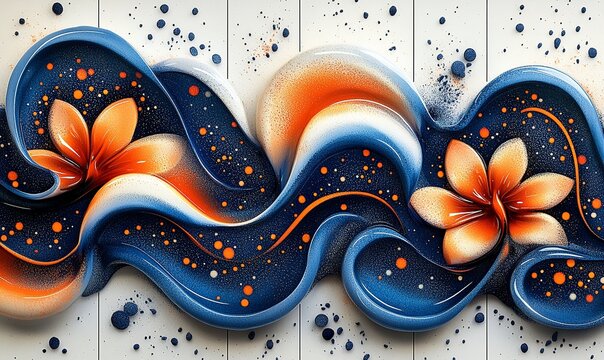 Stylized flower art featuring orange blossoms contrasted with blue waves on a white background, vibrant colors and patterns throughout.