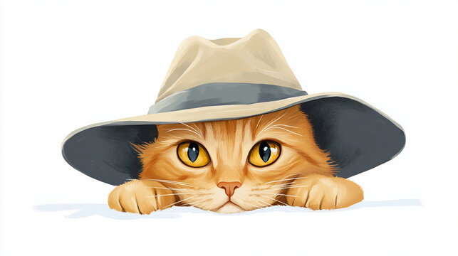 ginger cat peeking mischievously from under its hat, its eyes wide with curiosity and delight