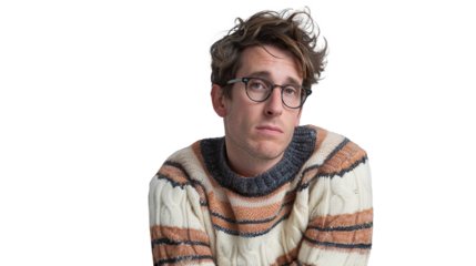 A Man with Glasses and a Sweater Posed on Transparent Background, PNG