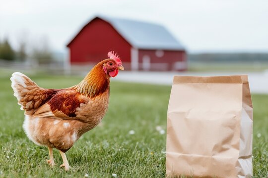 A chicken stands beside a plain mockup food bag in a serene field. In the background a red barn adds rustic charm to the setting creating a peaceful rural atmosphere