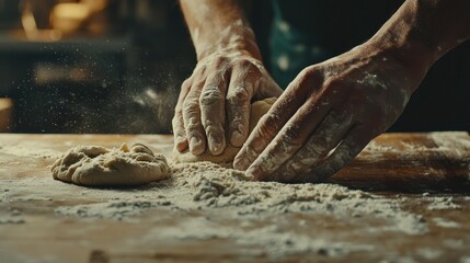 Close-up of hands kneading dough on a wooden table in a bakery with flour dust visible..