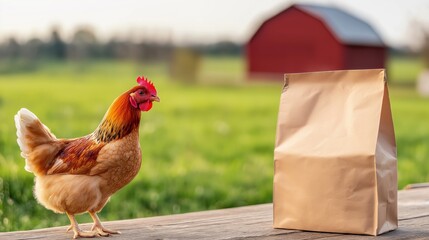 Fototapeta premium A chicken stands beside a plain mockup of a food bag in a picturesque rural landscape. In the background a charming red barn complements the open green field during daylight