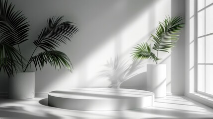 Fototapeta premium Minimal white room, cylinder podium, subtle palm leaf shadows, abstract product display setup