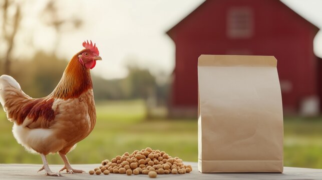 A chicken stands beside a plain mockup of a chicken food bag on a rustic wooden surface. The soft focus background features a field and a red barn creating a peaceful rural atmosphere