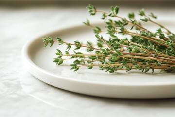 Aromatic sprigs of fresh thyme elegantly arranged on a pristine white ceramic plate, highlighting their vibrant green color and delicate texture, perfect for culinary use.