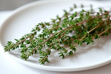 A close-up shot of fresh thyme sprigs on a white ceramic plate, showcasing the vibrant green leaves and delicate stems in soft, natural light, enhancing its texture.