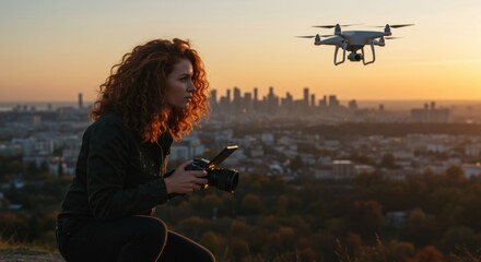 Female photographer using a drone to capture a sunset city skyline view