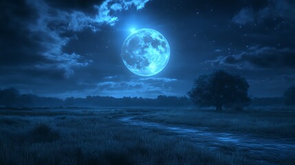 Moonlit field, tree, night sky, calm