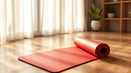 Serene Yoga Mat Setup in Natural Light with White Curtains