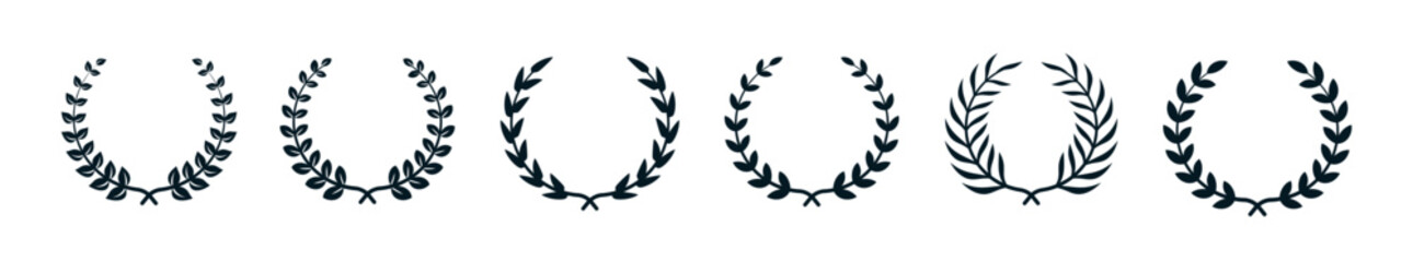 Chaplet icon set. Circular laurel foliate. Silhouette laurel wreath with leaf. Winner round emblem isolated. Olive branch award vintage frame. Vector illustration.