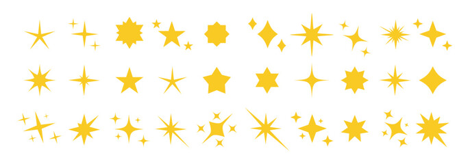 Star icons set. Black star shape signs . Bright, shine, light, sparkle magic decoration element. Twinkle stars with ray. Vector Illustration.
