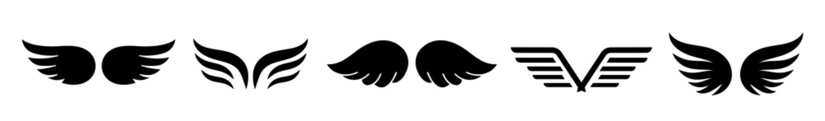 Wings icon set. Wing angel emblem. Wing birds decoration elements. Black silhouettes in different shapes. Vector illustration.
