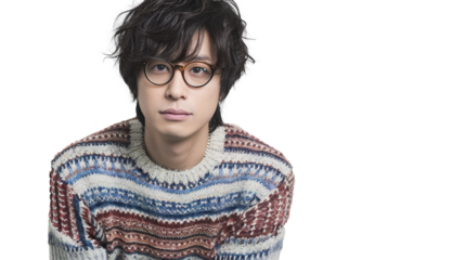 A Man with Glasses and a Sweater Posed on Transparent Background, PNG