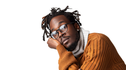 A Man with Glasses and a Sweater Posed on Transparent Background, PNG