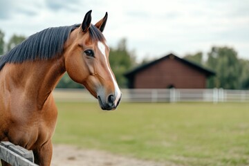 Obraz premium A stunning close up captures a brown horse standing peacefully against a blurred backdrop of a lush green field and an elegant stable. The calm atmosphere invites tranquility and admiration