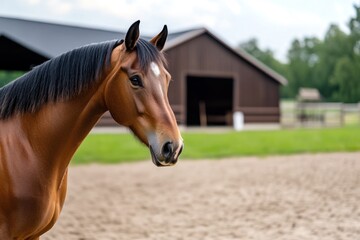 Naklejka premium A stunning horse stands proudly in a lush green field with a rustic barn in the background. The calm atmosphere signifies a peaceful day on the farm ideal for moments of connection