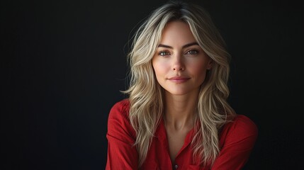 Portrait of a beautiful woman with blonde wavy hair and wearing red blouse looking straight to camera on a black background, beauty concept