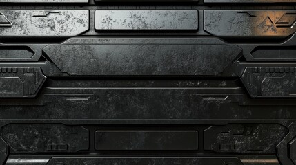 A textured, futuristic black metal wall with intricate paneling and a sleek, industrial design.