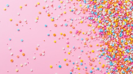 Colorful sprinkles scattered on a pink background, adding a vibrant and playful touch to any sweet treat.