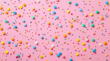 A vibrant assortment of colorful sprinkles scattered on a pink background, creating a joyful and playful mood.