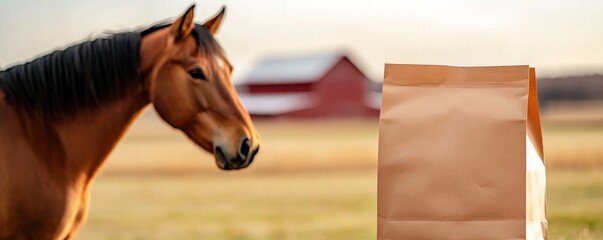A horse stands beside a large mockup of a food bag set against a blurred background featuring a field and a red barn. The soft lighting enhances the serene atmosphere