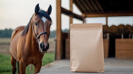 A close up of a horse stands next to a plain mockup bag of horse food. The setting features a blurred background of a lush field and an upscale stable providing ample copy space