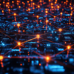 Obraz premium vibrant network of interconnected computers stretches across digital landscape, glowing with orange and blue lights, symbolizing data flow and connectivity