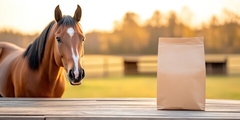 A horse stands beside a plain mockup bag of horse food in a peaceful stable environment. Soft light creates an inviting atmosphere showcasing the animal and its surroundings