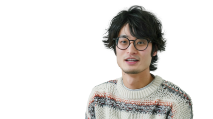A Man with Glasses and a Sweater Posed on Transparent Background, PNG