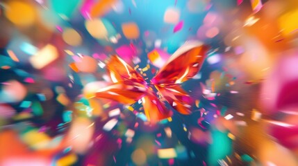 Vibrant abstract butterfly surrounded by colorful confetti, evoking a sense of joy and celebration.