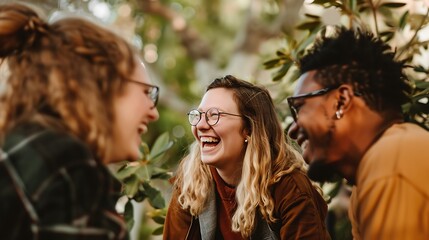 Obraz premium Diverse Group of Friends Laughing Together Outdoors in Natural Light