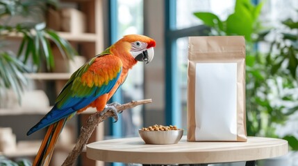 A vibrant and colorful parrot sits gracefully on a branch beside a food bowl filled with treats and a plain mockup bag of parrot food in a well-lit pet store