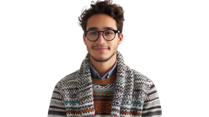 A Man with Glasses and a Sweater Standing on Transparent Background, PNG